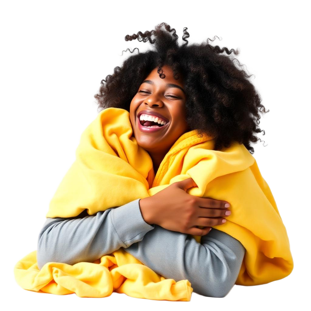 Smiling customer wrapped in a pile of fresh yellow laundry